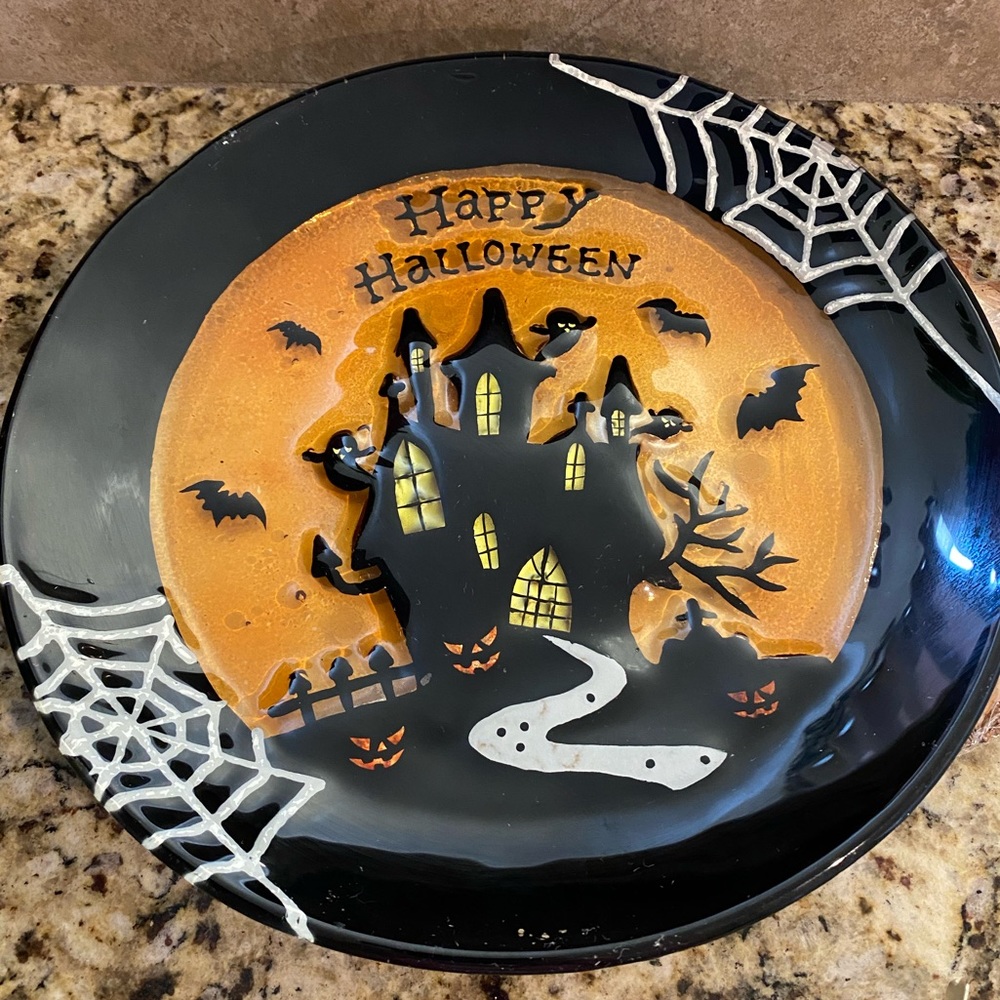 Halloween Spooky Plate Platter Black Orange Spider Web Bats Haunted House 11”